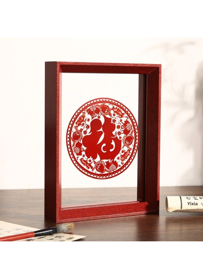 Chinese-style Double-sided Transparent Photo Frame Table Year Paper-cut Fu Character Calligraphy Frame Mounted Ornaments Specimen Display Stand A4 Frame-Color:Square 15inch [can Hold 38* 38cm ]-mahogany Color