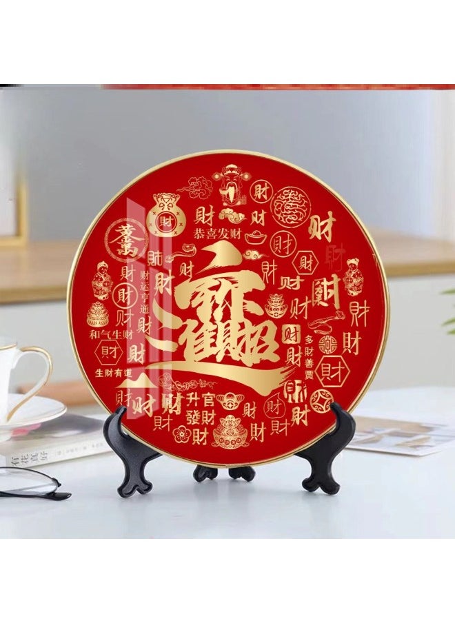 Heavenly Blessing Table Piece Baifu Figure Round Lucking For Wealth And Treasure For Housewarming Gifts Can Be Hanged Photo Frame Desk Entrance-Colour:Diameter 25cm Comes With Base Bracket + Crystal Screen - Baicai Picture