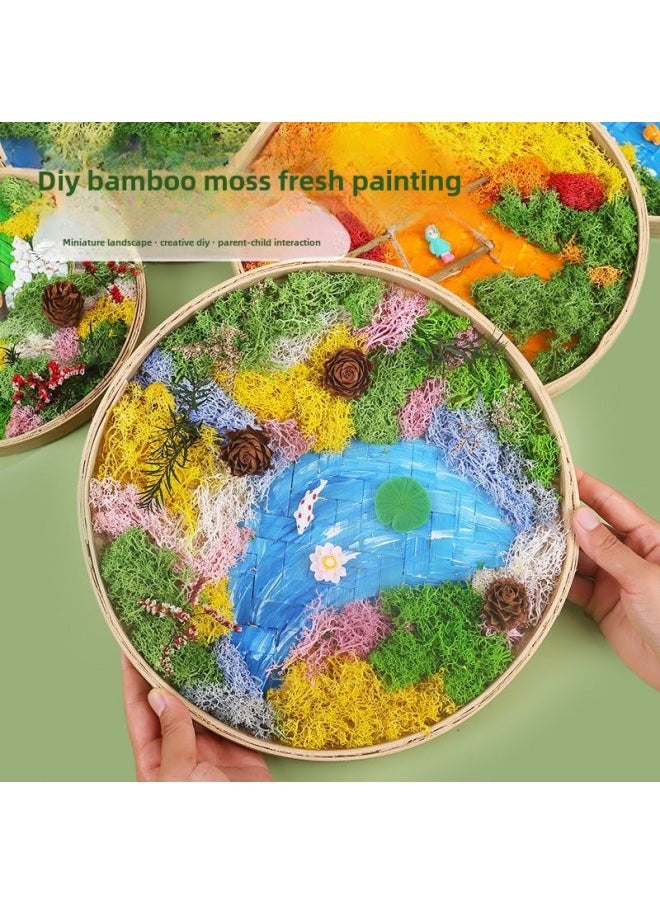 Immortal Moss Painting Material Bag Bamboo Basket Handmade DIY Bamboo Frame Creative Plant Painting Green Plant Photo Frame Warm Field Group Building-Color:❈8inch Photo Frame Warm Fairy Tale❈