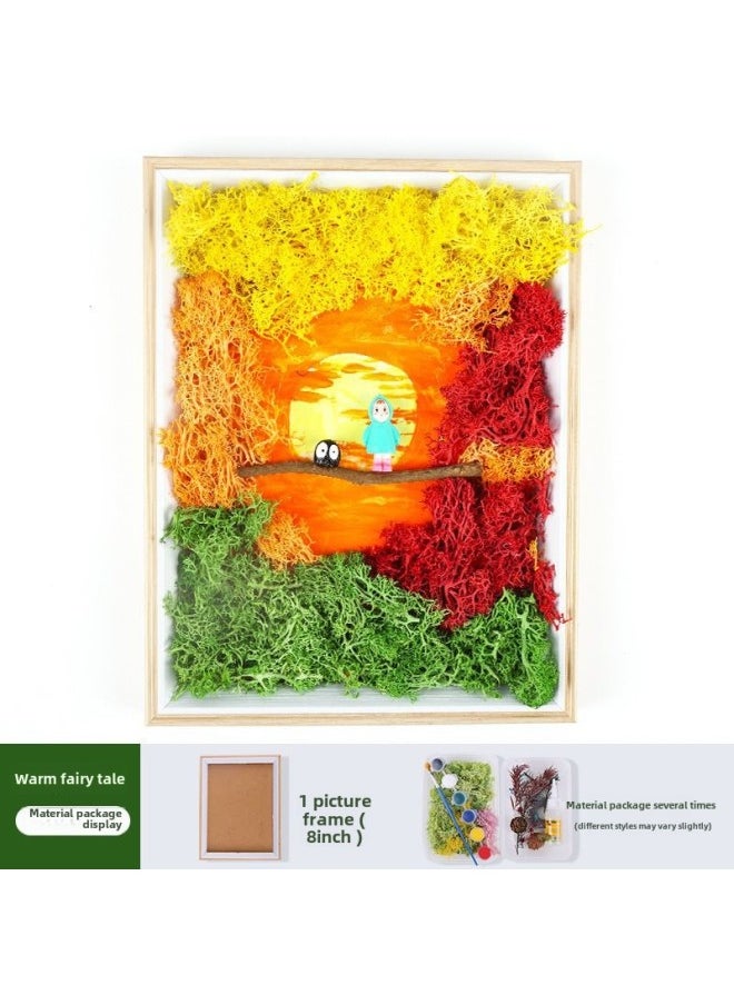 Immortal Moss Painting Material Bag Bamboo Basket Handmade DIY Bamboo Frame Creative Plant Painting Green Plant Photo Frame Warm Field Group Building-Color:❈8inch Photo Frame Warm Fairy Tale❈