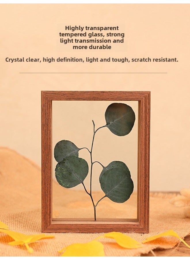 Leaf Specimen Photo Frame Table Double-sided Transparent Glass Mounted Leaf Carving 6 Stereo 7 Plants 8 Inch Maple Leaf Dried Leaves-Color:Square 6inch [can Hold 15*15]-walnut Color