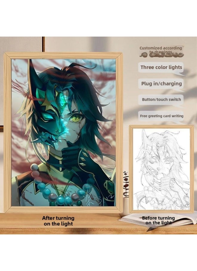 Original God Light Painting Around Internet Celebrity Light Painting Photo Frame Creative Desktop Decoration Charging Bedside Lamp Painting-Color:Customized Contact Customer Service First And Then Place Order_rechargeable Battery 3-color Touch Switch
