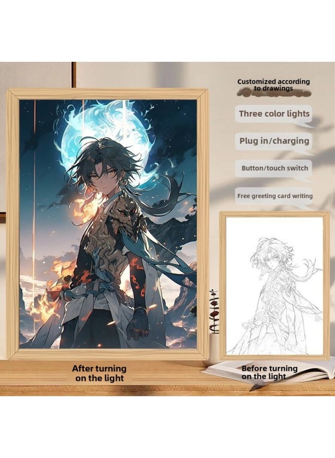 Original God Light Painting Around Internet Celebrity Light Painting Photo Frame Creative Desktop Decoration Charging Bedside Lamp Painting-Color:Customized Contact Customer Service First And Then Place Order_rechargeable Battery 3-color Touch Switch