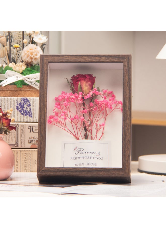 Finished Dried Flowers Bouquet Small Photo Frame Packaging Gift Decoration Birthday Gift Rose Real Flowers Dried Flowers For Girlfriend-Color:7inch 】 (14*19cm) About 2 Large Mobile Phones - Walnut Color] Cherish + Gift Bag, Collect And Purchase To Receive Greeting Card Light Strings