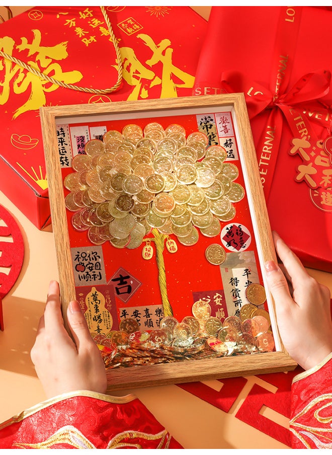 Ge Qiang Fortune Tree Diy Photo Frame 50 Cents Coin Decoration Move Opening Wedding Year Gift Ornaments Material Bag-Color:A4 Hanging + Gift Recommendation [color Paper + Ribbon + Hanging Card + Gift Box] - Standard Model: Bring Your Own Coin (happy Background + Photo Frame + Tree Trunk + Nano Dot Glue)