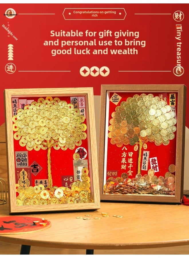 Ge Qiang Fortune Tree Diy Photo Frame 50 Cents Coin Decoration Move Opening Wedding Year Gift Ornaments Material Bag-Color:A4 Hanging + Gift Recommendation [color Paper + Ribbon + Hanging Card + Gift Box] - Standard Model: Bring Your Own Coin (happy Background + Photo Frame + Tree Trunk + Nano Dot Glue)