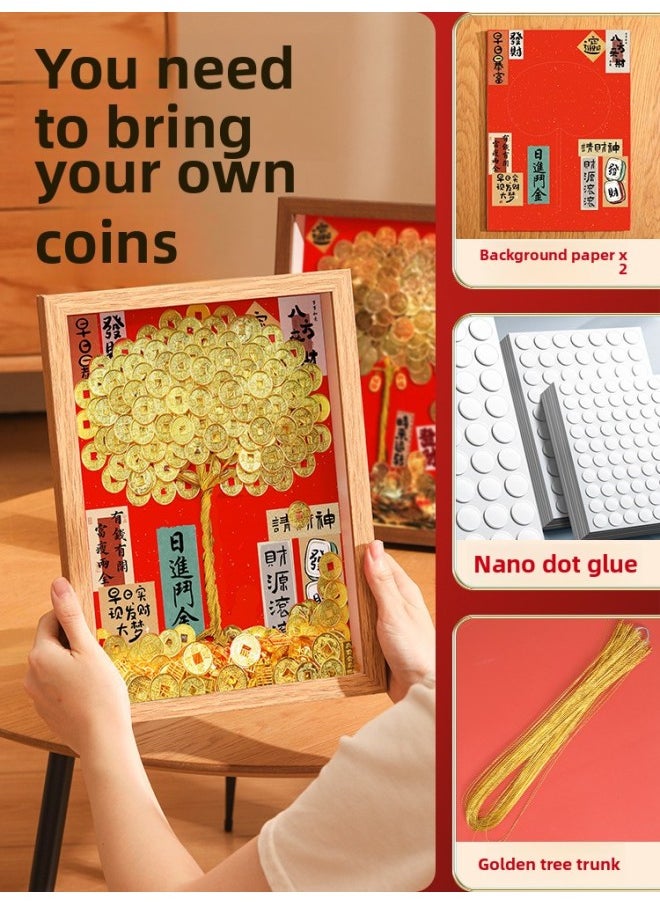 Ge Qiang Fortune Tree Diy Photo Frame 50 Cents Coin Decoration Move Opening Wedding Year Gift Ornaments Material Bag-Color:A4 Hanging + Gift Recommendation [color Paper + Ribbon + Hanging Card + Gift Box] - Standard Model: Bring Your Own Coin (happy Background + Photo Frame + Tree Trunk + Nano Dot Glue)
