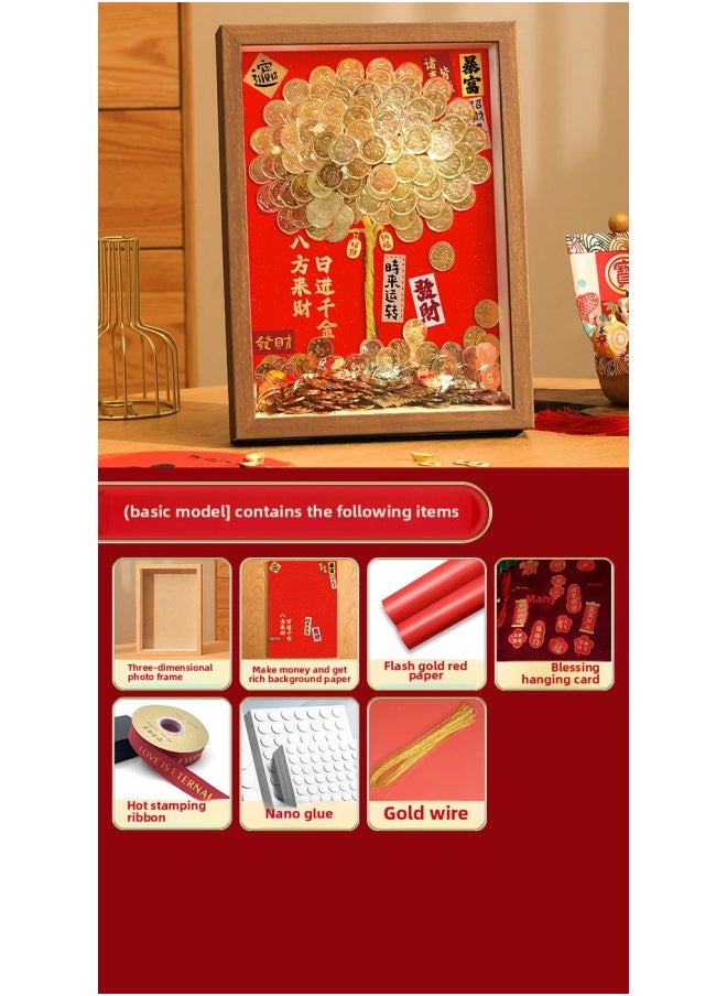 Ge Qiang Fortune Tree Diy Photo Frame 50 Cents Coin Decoration Move Opening Wedding Year Gift Ornaments Material Bag-Color:16inch Wall Hanging + Gift Recommendation [color Paper + Ribbon + Hanging Card + Gift Box] - Standard Model: Bring Your Own Coins (rich And Rich Background + Walnut Photo Frame + Tree Trunk +