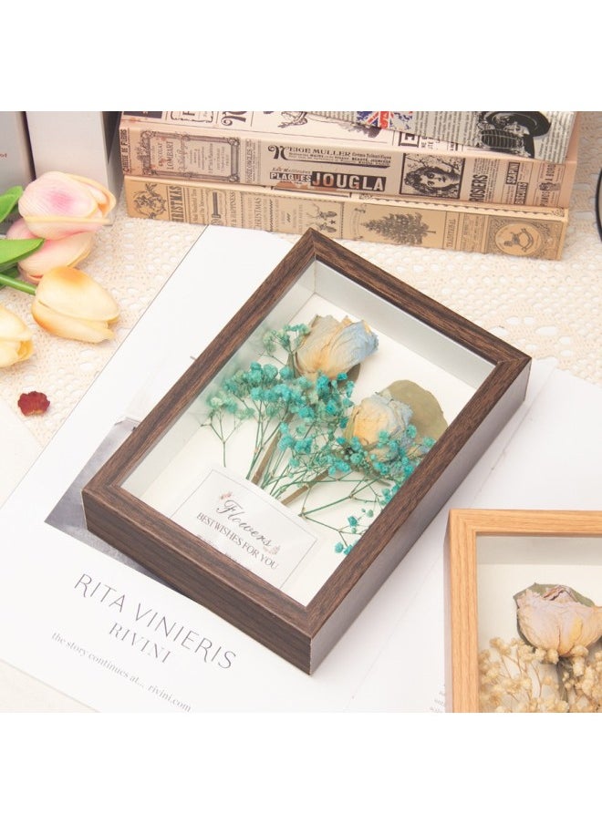 Finished Dried Flowers Bouquet Small Photo Frame Packaging Gift Decoration Birthday Gift Rose Real Flowers Dried Flowers For Girlfriend-Color:7inch 】 (14*19cm) About 2 Large Mobile Phones - Walnut Color] Indirect Color Bubbles + Gift Bag. Collect And Purchase To Receive Greeting Card Light Strings