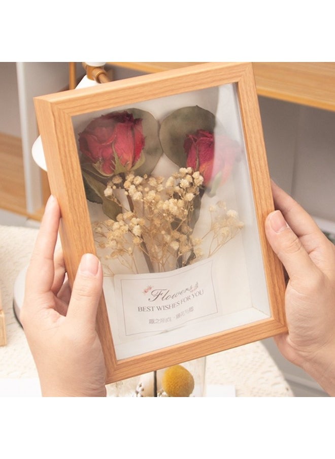 Finished Dried Flowers Bouquet Small Photo Frame Packaging Gift Decoration Birthday Gift Rose Real Flowers Dried Flowers For Girlfriend-Color:7inch 】 (14*19cm) About 2 Large Mobile Phones - Walnut Color] Indirect Color Bubbles + Gift Bag. Collect And Purchase To Receive Greeting Card Light Strings
