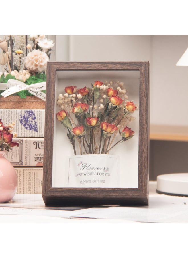 Finished Dried Flowers Bouquet Small Photo Frame Packaging Gift Decoration Birthday Gift Rose Real Flowers Dried Flowers For Girlfriend-Color:7inch 】 (14*19cm) About 2 Large Mobile Phones - Walnut Color] Indirect Color Bubbles + Gift Bag. Collect And Purchase To Receive Greeting Card Light Strings