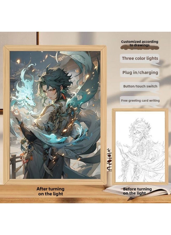Original God Light Painting Around Internet Celebrity Light Painting Photo Frame Creative Desktop Decoration Charging Bedside Lamp Painting-Color:dgh 103-77 // Clock Away CP._rechargeable Battery 3-color Touch Switch