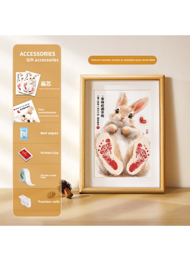 One-year-old Hand And Foot Prints As A Souvenir Of Dragon Baby's Full Moon And 100 Days Ritual To Commemorate One-year-old One-gift One-inch Joyful Hand And Foot Prints Photo Frame-Color:Cute Rabbit C Style [universal For 100 Days For One Year Old] A4
