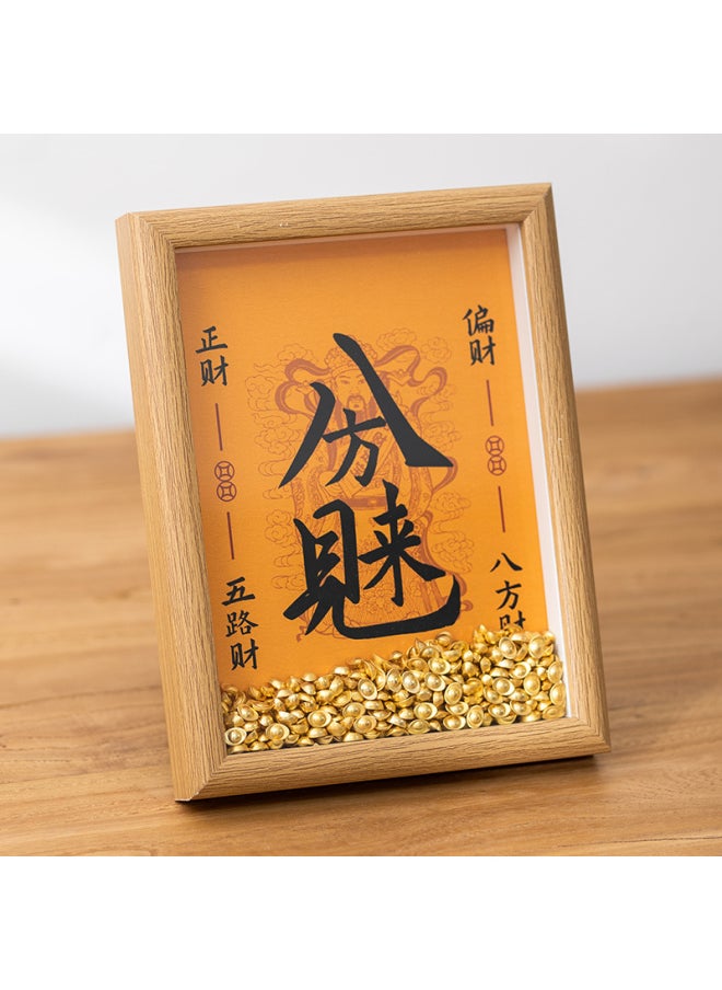 Weng Kai Huang God Of Wealth Open And Replenish Library Photo Frame Ornaments Twelve Zodiac Treasury Key GanDaojia Open Library Gold Key Table-Color:6inch (inner Diameter 10.1*15.1cm) Photo Frame + Painting Core + 100 Small Ingots - Wood Color [wealth From All Directions]