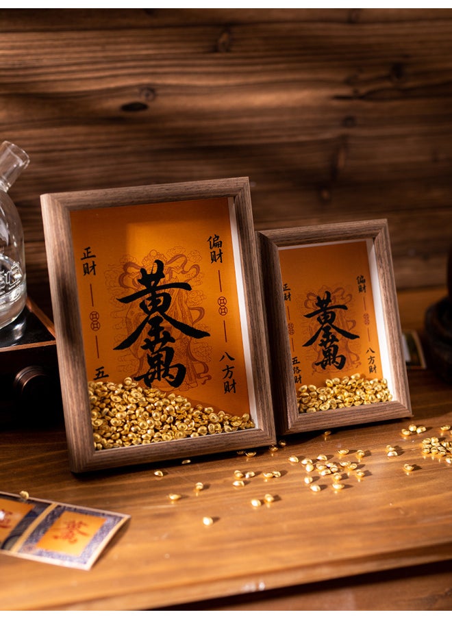 Weng Kai Huang God Of Wealth Open And Replenish Library Photo Frame Ornaments Twelve Zodiac Treasury Key GanDaojia Open Library Gold Key Table-Color:7inch (inner Diameter 12.7*17.8cm) Photo Frame + Painting Core + 200 Small Ingots - Wood Color [wealth From All Directions]