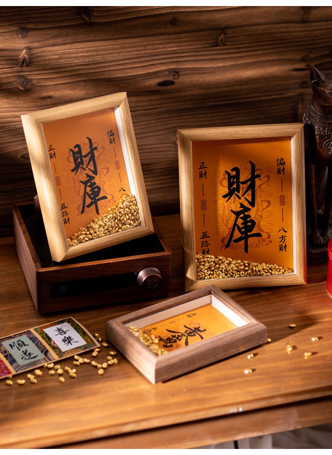 Weng Kai Huang God Of Wealth Open And Replenish Library Photo Frame Ornaments Twelve Zodiac Treasury Key GanDaojia Open Library Gold Key Table-Color:7inch (inner Diameter 12.7*17.8cm) Photo Frame + Painting Core + 200 Small Ingots - Wood Color [wealth From All Directions]