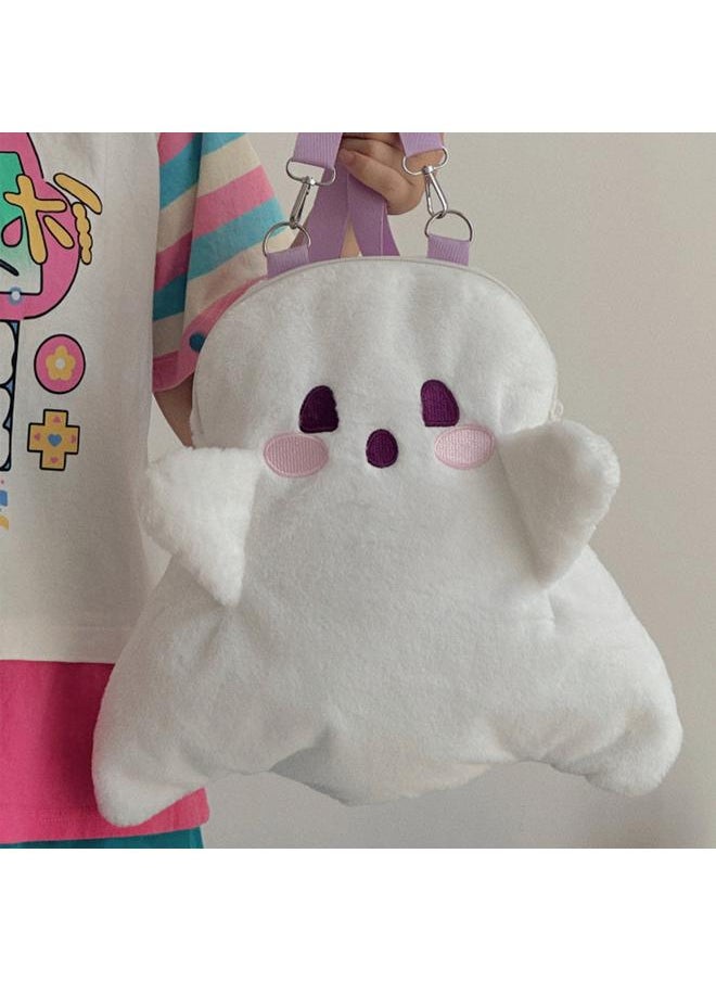 Ghost Plush Backpack Cute Large Capacity Soft Cartoon Multifunctional Fluffy Bag for Girls Women White Free Size