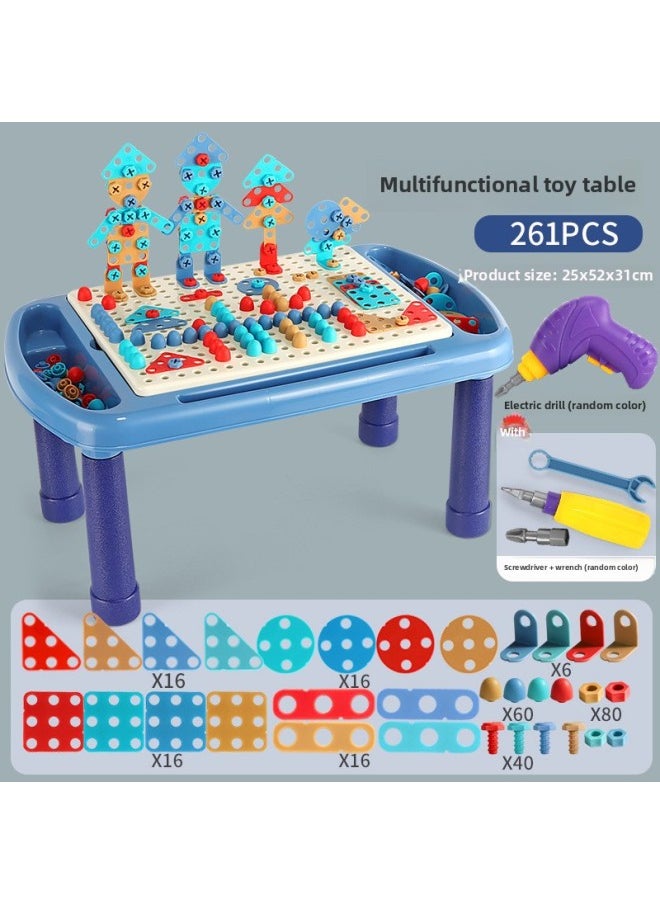 B Children's Early Education Electric Drill Screw Jigsaw Puzzle Building Blocks 3D Three-dimensional Changeable Platter Screw Disassembly Toy Mushroom Nail Hot-Color:8009 Electric Building Block Table Blue 