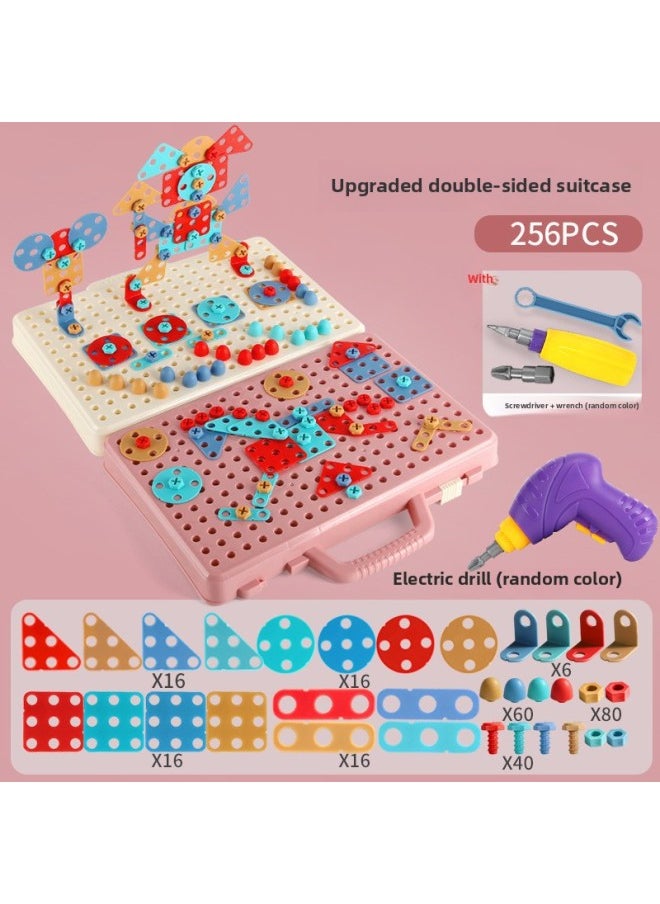 B Children's Early Education Electric Drill Screw Jigsaw Puzzle Building Blocks 3D Three-dimensional Changeable Platter Screw Disassembly Toy Mushroom Nail Hot-Color:8006 Electric Toolbox Pink 