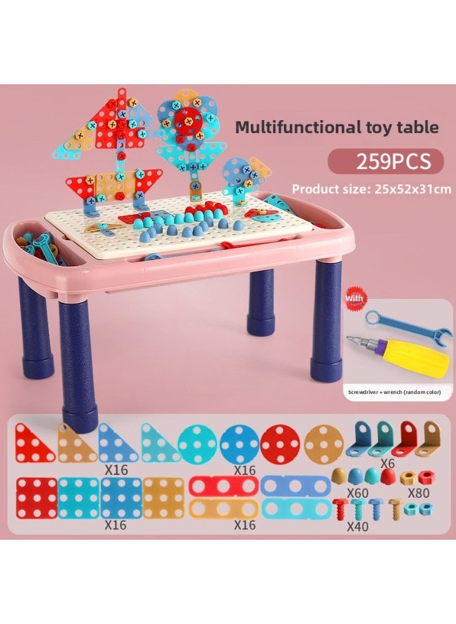 B Children's Early Education Electric Drill Screw Jigsaw Puzzle Building Blocks 3D Three-dimensional Changeable Platter Screw Disassembly Toy Mushroom Nail Hot-Color:8008 Manual Building Block Table Pink 