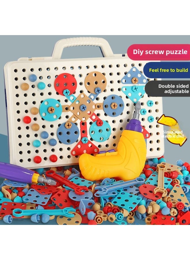 B Children's Early Education Electric Drill Screw Jigsaw Puzzle Building Blocks 3D Three-dimensional Changeable Platter Screw Disassembly Toy Mushroom Nail Hot-Color:8003 Toolbox Blue 