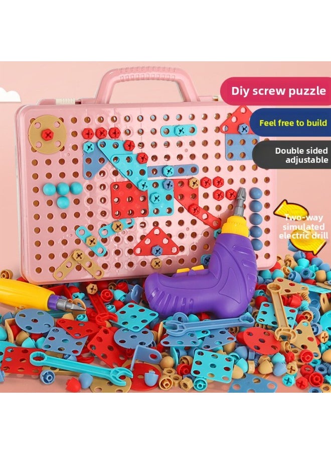 B Children's Early Education Electric Drill Screw Jigsaw Puzzle Building Blocks 3D Three-dimensional Changeable Platter Screw Disassembly Toy Mushroom Nail Hot-Color:8003 Toolbox Blue 
