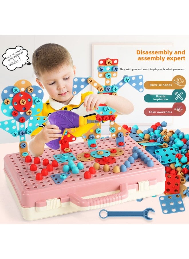 B Children's Early Education Electric Drill Screw Jigsaw Puzzle Building Blocks 3D Three-dimensional Changeable Platter Screw Disassembly Toy Mushroom Nail Hot-Color:8003 Toolbox Blue 