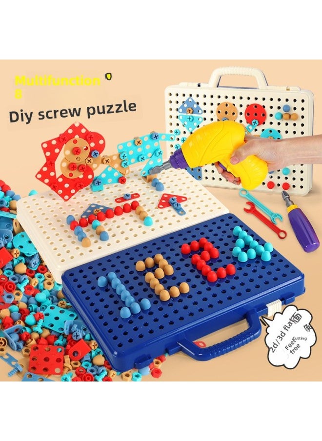 B Children's Early Education Electric Drill Screw Jigsaw Puzzle Building Blocks 3D Three-dimensional Changeable Platter Screw Disassembly Toy Mushroom Nail Hot-Color:8003 Toolbox Blue 