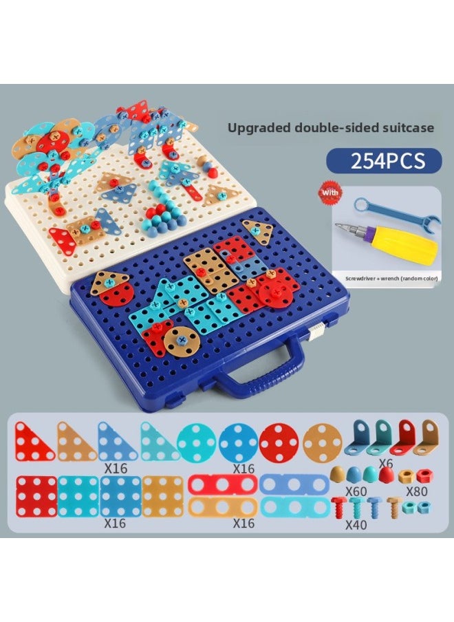 B Children's Early Education Electric Drill Screw Jigsaw Puzzle Building Blocks 3D Three-dimensional Changeable Platter Screw Disassembly Toy Mushroom Nail Hot-Color:8003 Toolbox Blue 