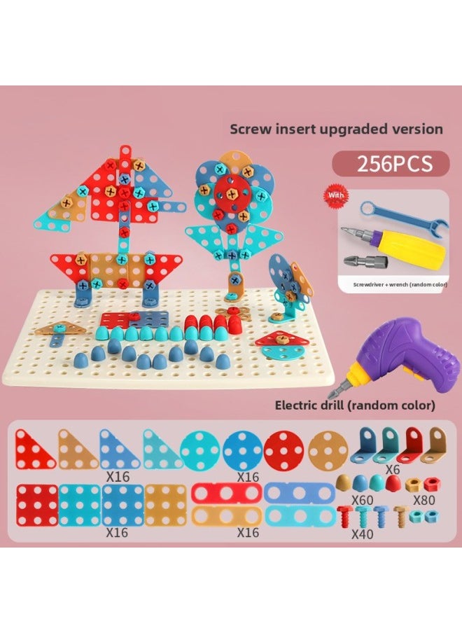 B Children's Early Education Electric Drill Screw Jigsaw Puzzle Building Blocks 3D Three-dimensional Changeable Platter Screw Disassembly Toy Mushroom Nail Hot-Color:8012 Electric Screw Platter-Specifications:Default