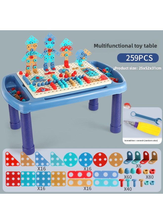 B Children's Early Education Electric Drill Screw Jigsaw Puzzle Building Blocks 3D Three-dimensional Changeable Platter Screw Disassembly Toy Mushroom Nail Hot-Color:8007 Manual Building Block Table Blue 
