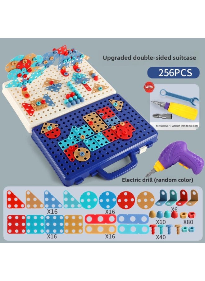 B Children's Early Education Electric Drill Screw Jigsaw Puzzle Building Blocks 3D Three-dimensional Changeable Platter Screw Disassembly Toy Mushroom Nail Hot-Color:8005 Electric Toolbox Blue 