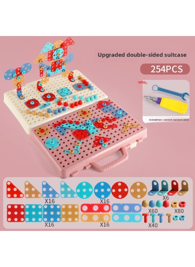 B Children's Early Education Electric Drill Screw Jigsaw Puzzle Building Blocks 3D Three-dimensional Changeable Platter Screw Disassembly Toy Mushroom Nail Hot-Color:8004 Toolbox Pink 
