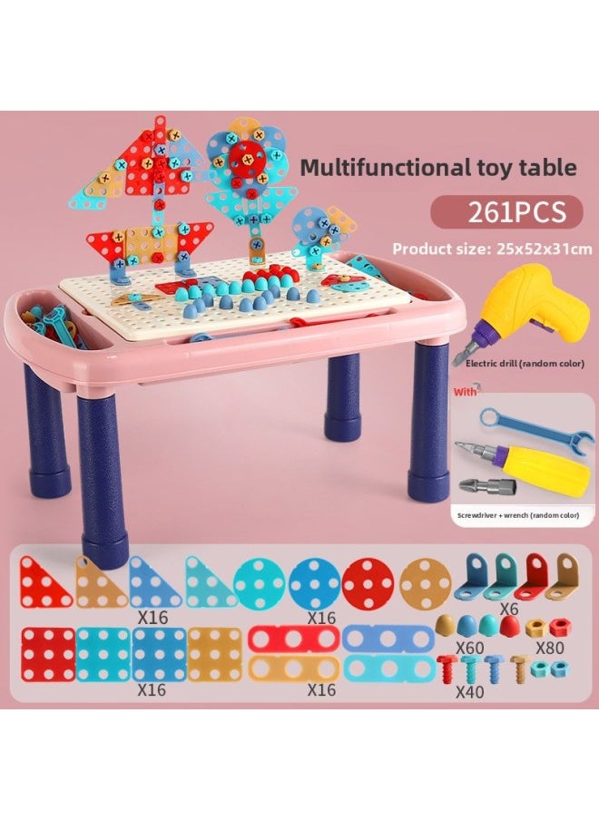 B Children's Early Education Electric Drill Screw Jigsaw Puzzle Building Blocks 3D Three-dimensional Changeable Platter Screw Disassembly Toy Mushroom Nail Hot-Color:8010 Electric Building Block Table Pink 