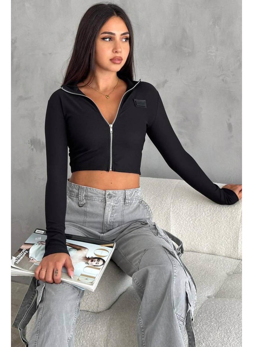 Women's Black Fashion Embroidered Zippered Crop Blouse