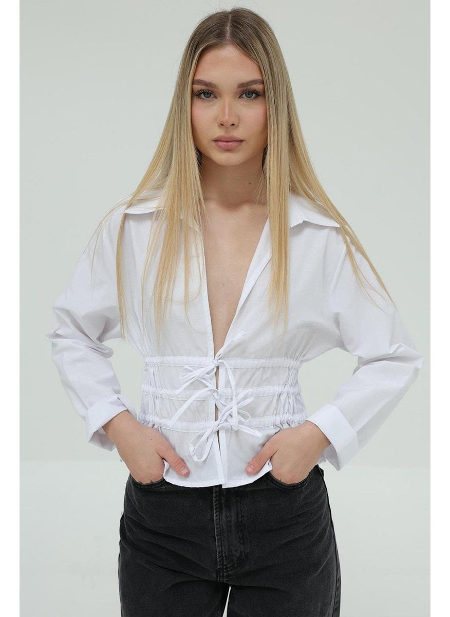Women's White Shirt Collar Front Tie Blouse