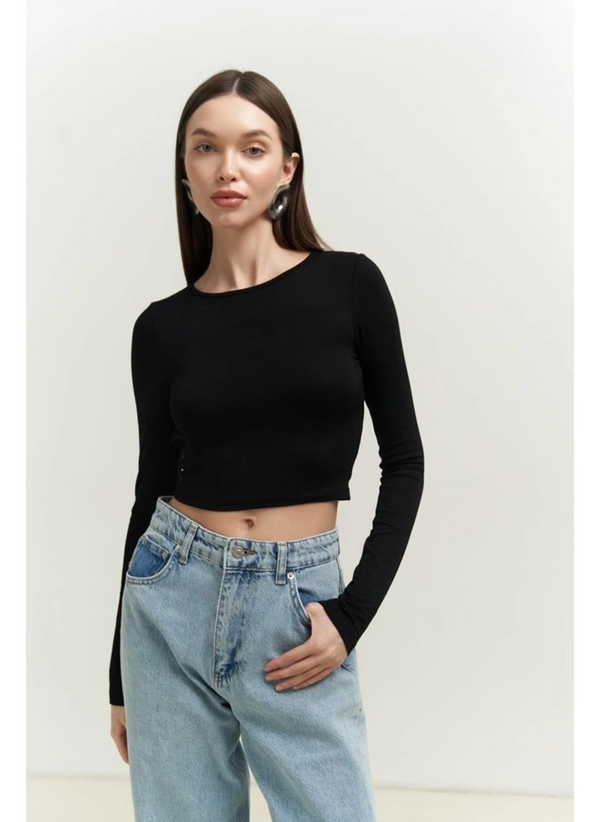 Women's Black Long Sleeve Crew Neck Crop Blouse