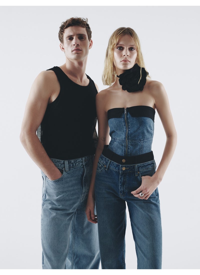 Crop Jeans Strapless Top Corset Look Color Contrast Zippered