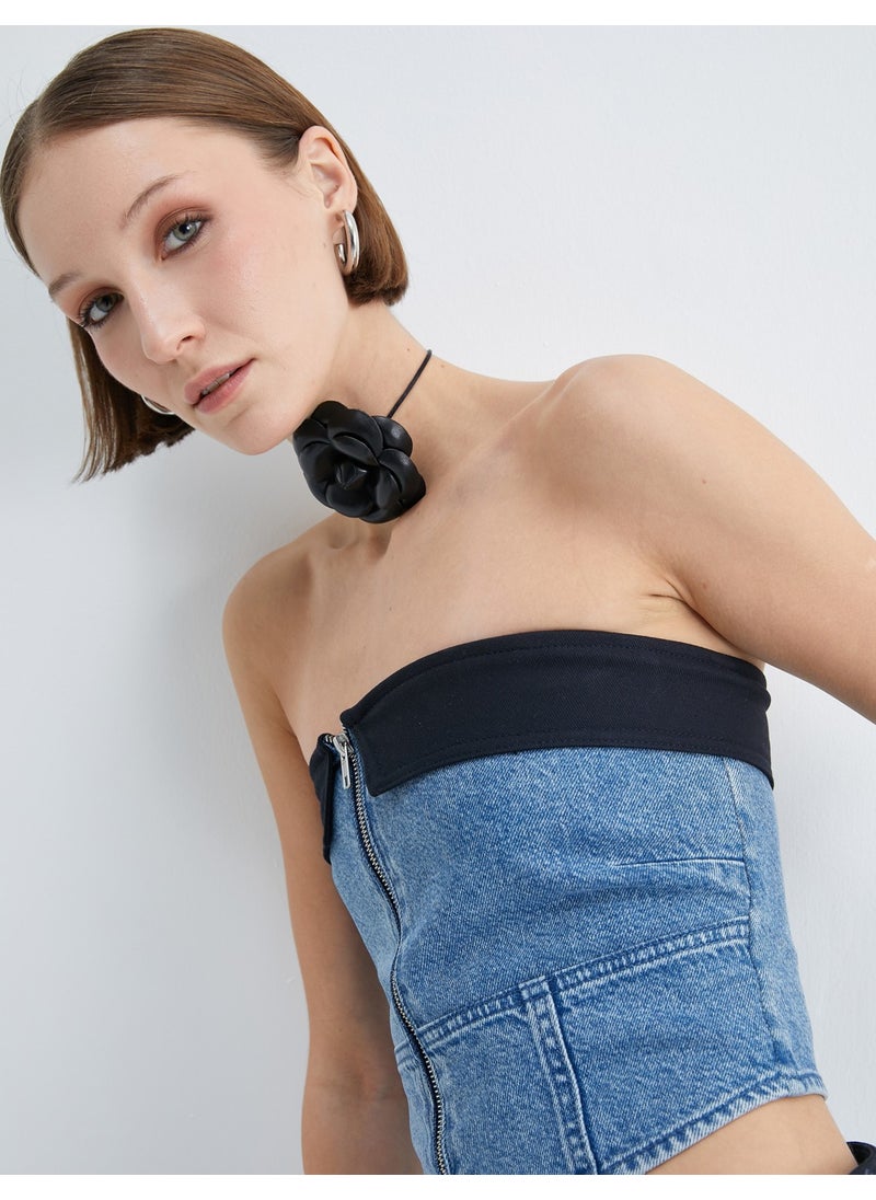 Crop Jeans Strapless Top Corset Look Color Contrast Zippered