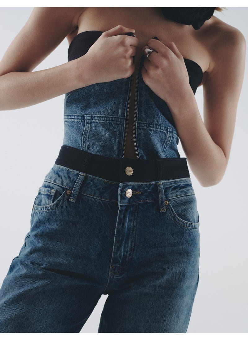 Crop Jeans Strapless Top Corset Look Color Contrast Zippered