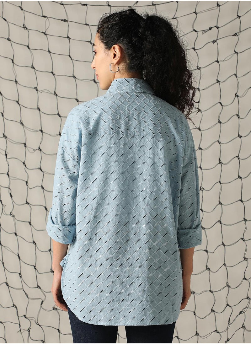 Women's Blue 100% Cotton Embroidered Button Down Shirt