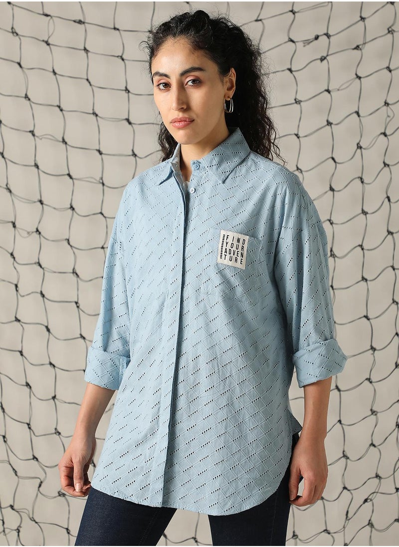 Women's Blue 100% Cotton Embroidered Button Down Shirt