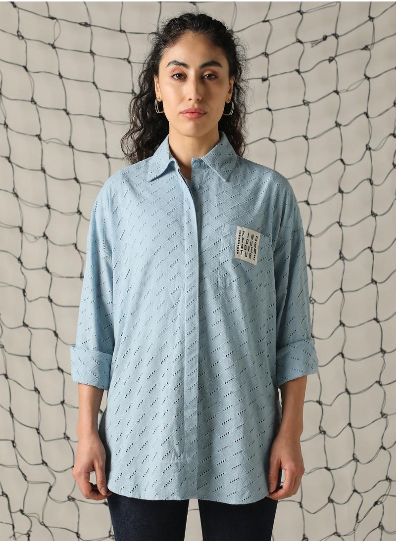 Women's Blue 100% Cotton Embroidered Button Down Shirt