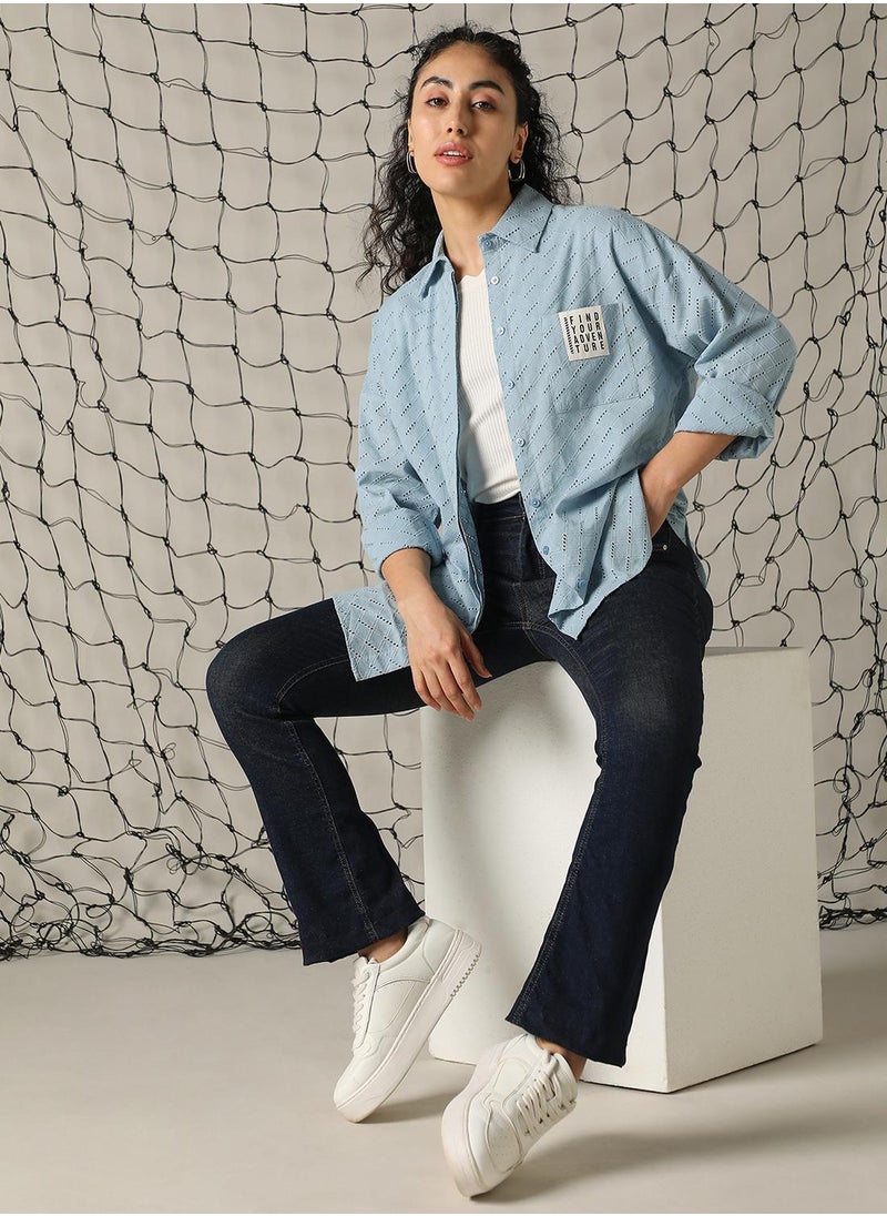 Women's Blue 100% Cotton Embroidered Button Down Shirt