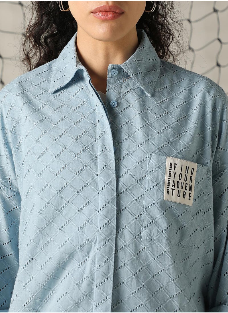 Women's Blue 100% Cotton Embroidered Button Down Shirt