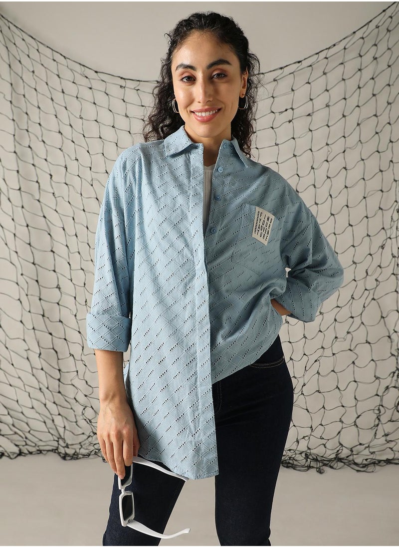 Women's Blue 100% Cotton Embroidered Button Down Shirt