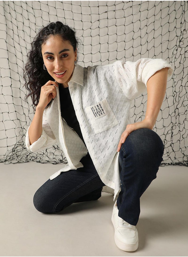 Women's Off White 100% Cotton Embroidered Button Down Shirt