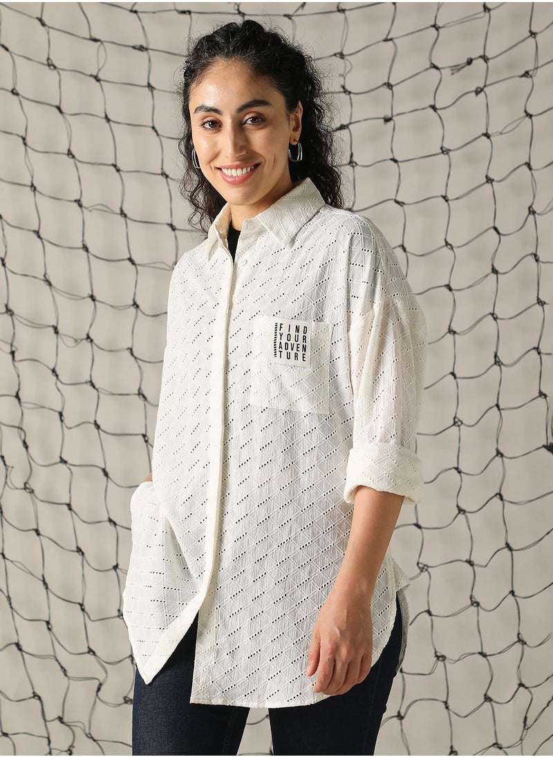 Women's Off White 100% Cotton Embroidered Button Down Shirt