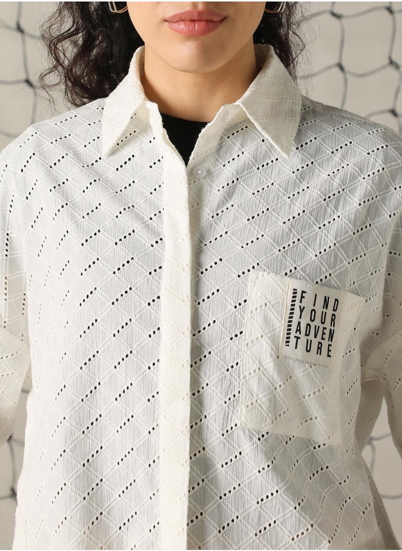 Women's Off White 100% Cotton Embroidered Button Down Shirt