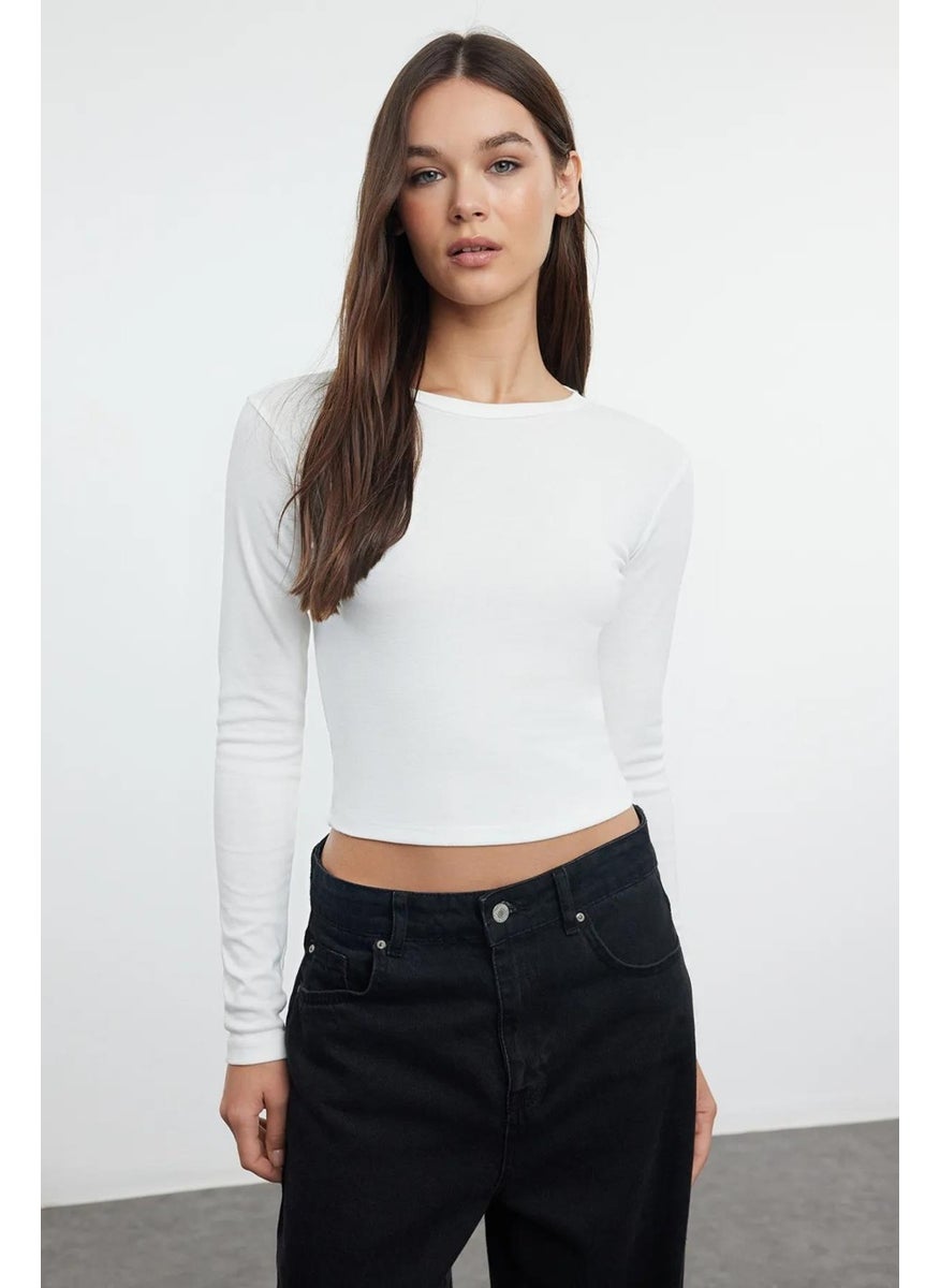 Women's Ecru Long Sleeve Elastic Collar Crop Blouse